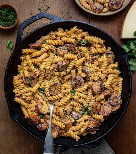 Creamy Andouille Sausage Pasta Creamy Andouille Sausage Pasta, One Pot Chicken And Pasta, Andouille Sausage Pasta, Hot Italian Sausage Recipes, Sausage Dinners, Andouille Sausage Recipes, Sausage Pasta Recipe, Roasted Tomato Pasta, Sausage Dinner