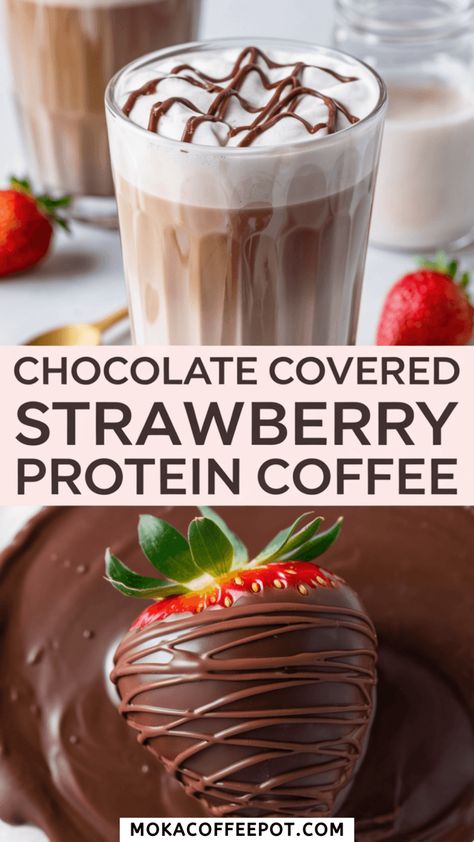 Chocolate Covered Strawberry Protein Coffee Recipe Coffee Protein Smoothie, Energizing Breakfast, Chocolate Protein Shakes, Espresso Recipes, Iced Coffee Recipes, Strawberry Protein, Cold Coffee Recipes, Protein Coffee, Iced Mocha