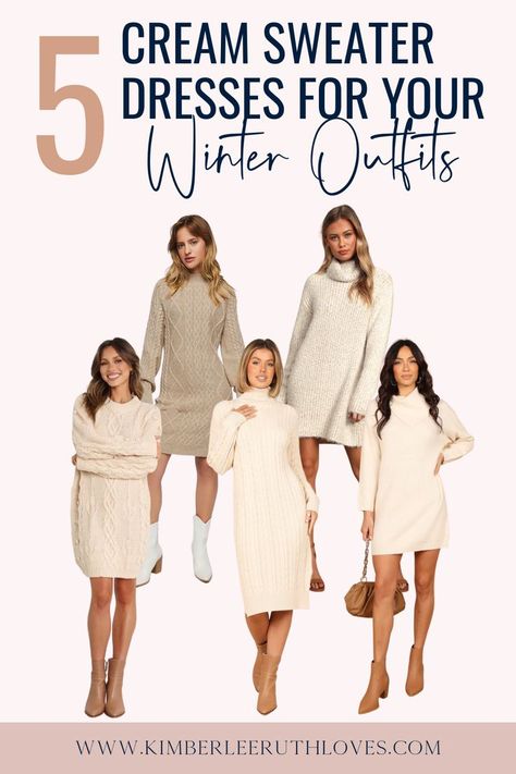 Are you ready to stay warm and stylish this winter? We’ve got you covered with these 5 stunning cream sweater dresses perfect for your winter outfits. They're perfect for layering and keeping you warm on those chilly days. Click the link to get yours today! #sweaterdress #petitefashion #winteroutfit #winterstyle #winterclothes Knitted Dress Outfit Winter, Cream Sweater Dress Outfit, Knitted Dress Outfit, Cream Knitted Dress, Cream Sweater Dress, Sweater Dress Outfit, Mini Sweater, Winter Dress Outfits, Sweater Dresses