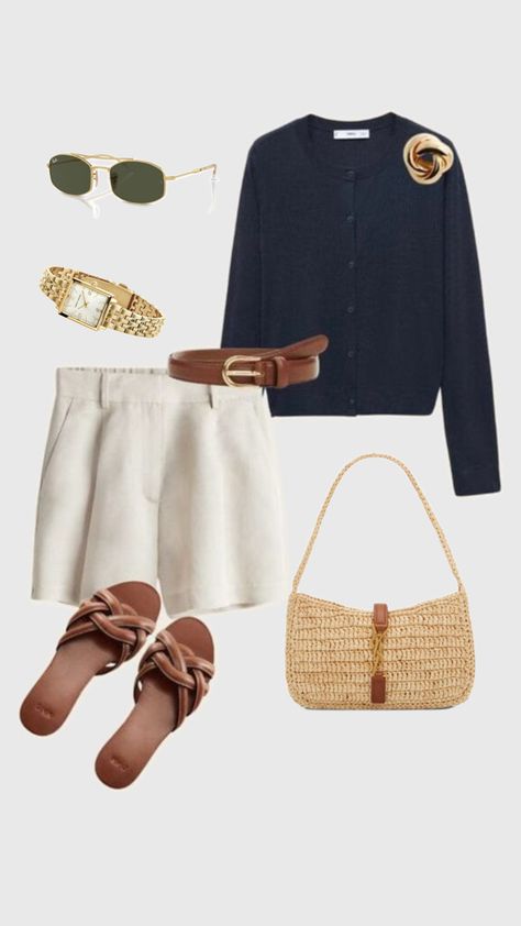 Linej white cream sporty with navy blue button sweather, brown sandals, gold rayban glasses and watch #oldmpney #oldmoney #outfit #summeroutfit Cream Sandals Outfit, Brown White Outfit, Classy Old Money, Cream Outfit, Cream Sandals, Outfit Classy, Ray Ban Glasses, Sandals Gold, Brown Sandals