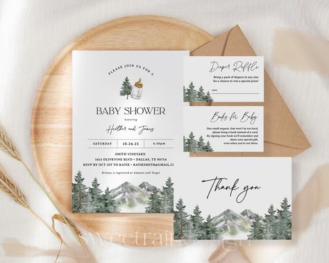 Baby Boy Baby Shower Invitation, Woodland Baby Shower Invite, Mountain Theme Baby Shower Ideas, Baby Shower Mountain Theme, Mountain Themed Baby Shower Ideas, Adventure Theme Baby Shower Ideas, Let The Adventure Begin Baby Shower Boys, Adventure Awaits Baby Shower Ideas, Evergreen Baby Shower