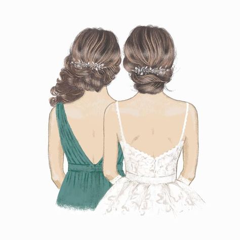 Bridesmaid or sister of the bride hand d... | Premium Vector #Freepik #vector #watercolor #hand #girl #hair Bride And Maid Of Honor Illustration, Bride And Bridesmaid Illustration, Wedding Ceremony Places, Fluff Hair, Bride Cartoon, Peach Wedding Bouquet, Sister Of The Bride, Blonde Bride, Mode Kimono