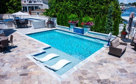 Tanning Ledge Pool Long Island | Jas Aquatics Sport Pool With Tanning Ledge, L Shaped Pool With Tanning Ledge, Rectangular Pool With Tanning Ledge, Rectangle Pool With Tanning Ledge, Pool With Hot Tub And Tanning Ledge, Mid Century Backyard, Pool With Tanning Ledge, Porch Projects, Tanning Ledge Pool