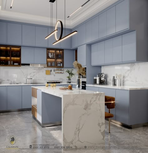 Blue Kitchen Cabinet Ideas Sky Blue Kitchen Cabinets, Ice Blue Kitchen, Modern Kitchen Cabinet Colors, Blue Kitchen Cabinet Ideas, Open Kitchen Layout, Blue Kitchen Inspiration, Acrylic Kitchen Cabinets, Blue Kitchen Cabinet, Model Kitchen Design