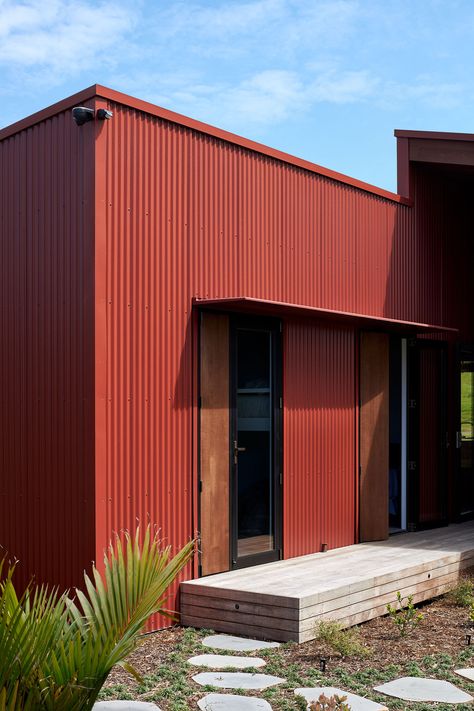 Red Shed, Corrugated Iron, Farm Shed, Cedar Cladding, Tin House, Drawing Aesthetic, Beach Retreat, Gable Roof, Aesthetic Inspiration