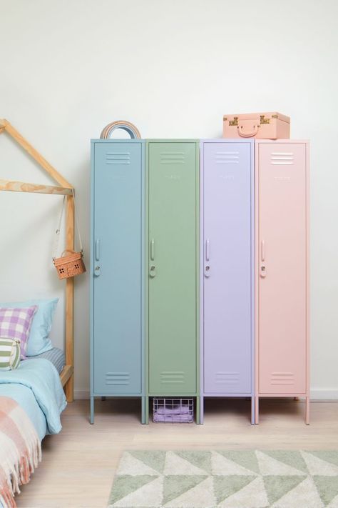 Pastel Blue Furniture, Pastel Small Bedroom, Pastel Wardrobe Design, Purple And Green Room, Ice Cream Interior, Locker Stuff, Pastel Wardrobe, Colourful Storage, Locker Wardrobe