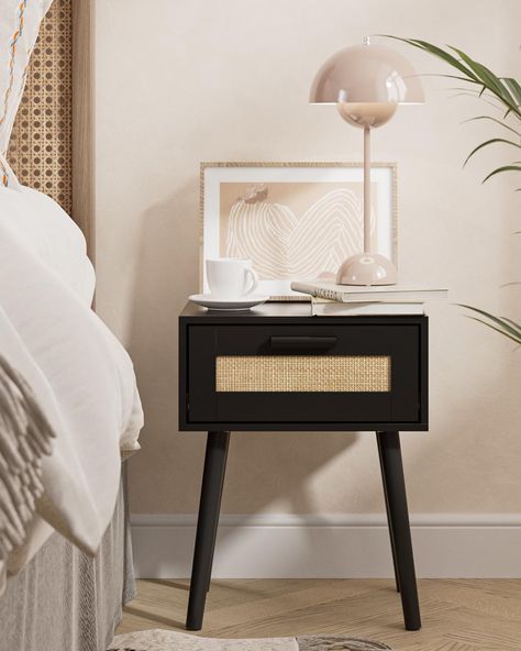 Rattan Bedside Table, Mirror Bedside Table, Bedroom Nightstands, Black Bedside, Bedroom Unique, Rattan Weaving, Farmhouse End Tables, Table For Bedroom, Elegant Artwork