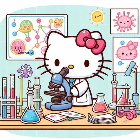 Scientist Hello Kitty, Science Hello Kitty, Hello Kitty Scientist, Hello Kitty Science, Science Wallpaper, Science Background, Hello Kitty Art, Hello Kitty Pictures, School Motivation