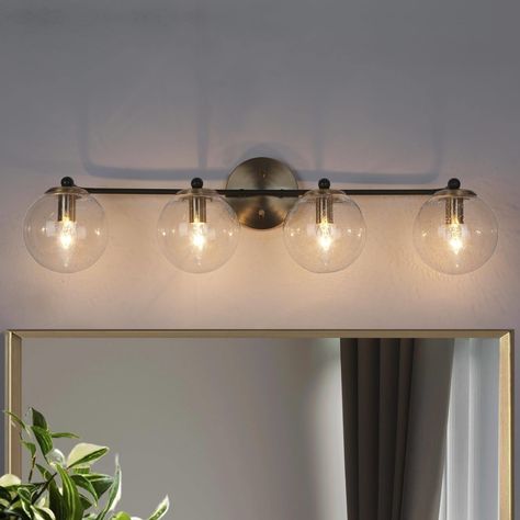 Modern 4-Light Black Gold Bathroom Vanity Lights with Globe Glass Shades - On Sale - Bed Bath & Beyond - 35475768 Diy Vanity Lights, Gold Bathroom Vanity, Modern Bathroom Vanity Lighting, Black And Gold Bathroom, Black Wall Lights, Brass Light Fixture, Diy Vanity, Indoor Wall Sconces, Bathroom Vanity Light