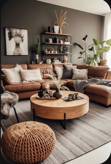 Living Room Designs With Corner Sofa, Apartment Living Room Modern Luxury, Boho Living Room With Leather Couch, Modern Global Living Room, Mountain Cabin Decor Living Room, Modern Lounge Design Living Rooms, Modern Boho Living Room Leather Couch, Boho Modern Living Room Inspiration, Dark Tan Couch Living Room