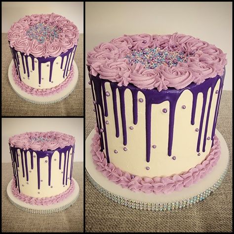 Purple Icing Cake, Purple Drip Cake Birthday, Purple Drip Cake, Chocolate Cake Purple Decoration, Pink Cake With Chocolate Drip, Striped Cake, Purple Cakes, Custom Birthday Cakes, Chocolate Drip