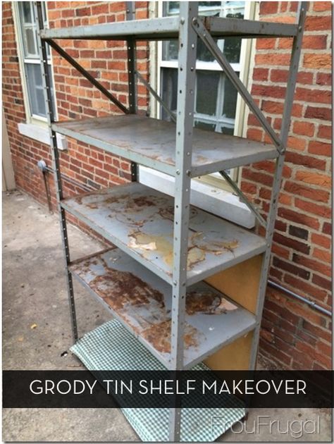 Before and After: Grody Tin Shelf Gets Pottery-Barn-Style Makeover » Curbly | DIY Design Community Plastic Shelving Unit Makeover, Old Shelf Makeover, Metal Shelf Makeover, Industrial Upcycle, Repurposed Items Upcycling, Shelf Makeover, Pottery Barn Style, Rustic Transitional, Flea Market Decorating