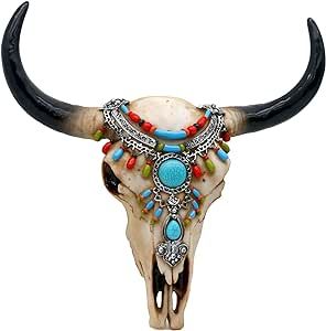 alikiki Southwest Cow Skull Wall-Decor - Rustic Tribal Bull Head Skull w/Turquoise Stone 3D Resin Long Horn Faux bison Steer Buffalo Skull Wall Hanging for Home Office Room Wall Art Ornament Head Skull, Long Horn, Buffalo Skull, Home Office Room, Art Ornament, Bull Head, Cow Skull, Office Room, Room Wall Art