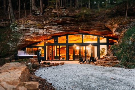 An innovative and eco-friendly cave house, built into a natural recess cave on the Dunlap Hollow property. Cave House Exterior, Cave Airbnb, Cave House Underground Homes, Cave Interior Design, Apartment Fever, Ohio Winter, Cave Houses, Hocking Hills Ohio, Restaurant Layout