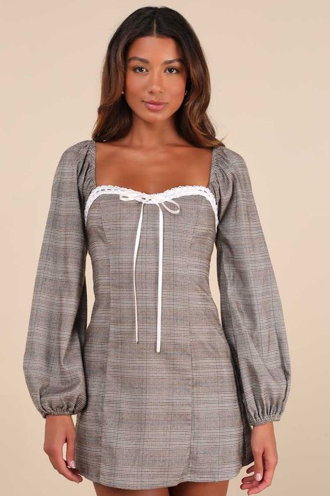 Kiele Montgomery, Long Sleeve Lace Mini Dress, Plaid Mini Dress, Brown Plaid, Dress With Lace, Lace Mini Dress, Long Sleeve Lace, Lace Dress, Plaid