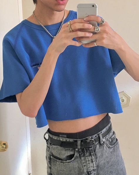 Male crop top Crop Top Outfits Men, Mens Crop Top Fashion, Blue Crop Top Outfit, Crop Top Boys, Crop Top Men, Boys In Crop Tops, Mens Crop Top, Wear Crop Top, Half Shirts