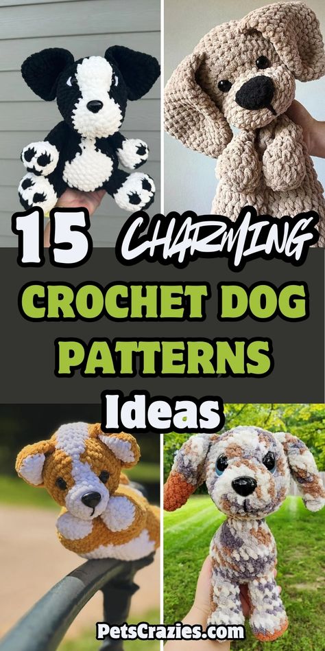 "Image showcases four adorable crochet dog plushies with the text '15 Charming Crochet Dog Patterns Ideas.' The designs include a black and white plush dog, a beige floppy-eared puppy, a corgi with tan and white markings, and a colorful patchwork pup. The background emphasizes a fun and crafty theme, appealing to crochet enthusiasts looking for unique dog pattern ideas. Bright colors and varied textures highlight each plush’s unique personality, making them perfect for handmade gifts or decor." Crochet Dog Tuxedo Pattern, Simple Dog Crochet Pattern, Crochet Golden Doodle Pattern Free, Boxer Dog Crochet Pattern, Chocolate Lab Crochet Pattern, Crochet Schnauzer Pattern Free, Small Crochet Dog Pattern, Free Crochet Dog Patterns Amigurumi, Crochet Toy For Dog