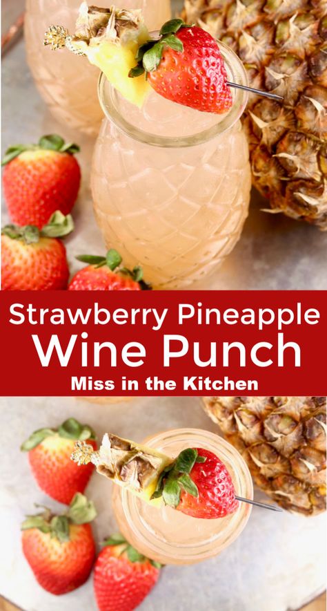 Strawberry Pineapple Wine Punch is a simple and delicious party cocktail that is easy to make ahead. A refreshing large batch party punch that is sure to please the crowd! Pineapple Wine, Easy Party Drinks, Wine Walk, Wine Punch, Fun Party Drinks, Alcoholic Punch Recipes, Drink Recipies, Hey Bartender, Alcoholic Punch