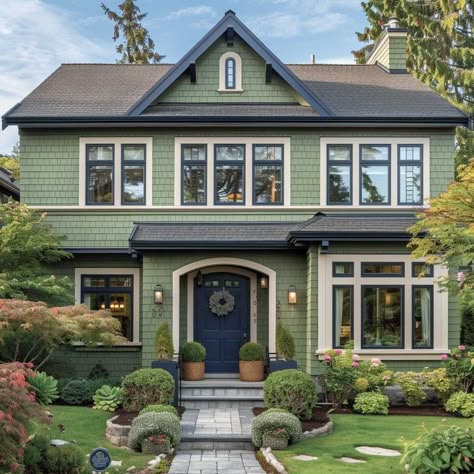 Green Painted Exterior House, Light Green Exterior House Colors, Best House Paint Colors, Craftsman House Colors, Green Home Exterior, Garage Adu, Green House Color, Home Exterior Colors Schemes, Sage Green House