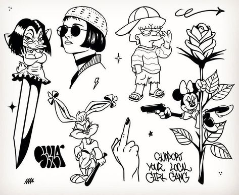 Local Girl, Tattoo Flash Sheet, Doodle Tattoo, Cartoon Tattoos, Tattoo Flash Art, Flash Art, Tattoo Flash, Old School Tattoo, Stitching Art