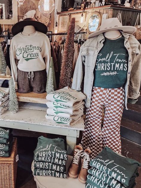 Christmas Tshirt Vinly Ideas Clothing Booth Display, Clothing Booth, Clothing Boutique Ideas, Western Tees, Small Town Christmas, Flea Market Ideas, Christmas Shirt Ideas, Retail Ideas, Western Tee