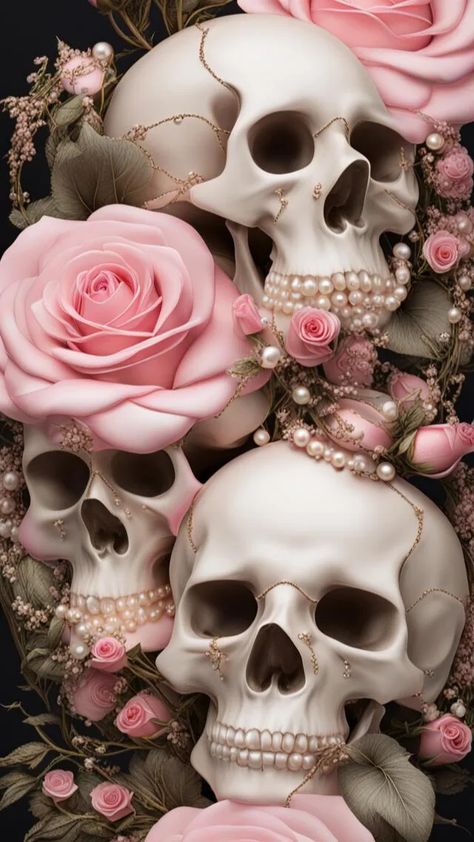 Experience elegance with these stickers featuring pale pink skulls, roses & pearls. 🌹💀. The soft pink hue enhances every detail on #chicstickers. Collect yours now! Skulls Flowers Tattoo, Soft Goth Wallpaper, Skulls And Flowers Wallpaper, Rose Skull Wallpaper, Goth Phone Wallpaper, Pink And Black Aesthetic Grunge, Pastel Gothic Aesthetic, Rose And Skull Wallpaper, Pink Skull Aesthetic