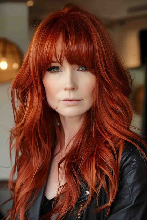 Bangs With Copper Hair, Long Layered Red Hair With Bangs, Red Hair For 40 Year Old Women, Long Red Layered Hair, Red Hair With Bangs And Layers, Red Hair Extensions Before And After, Shoulder Length Red Hair With Layers, Red Shag Haircut, Shaggy Red Hair