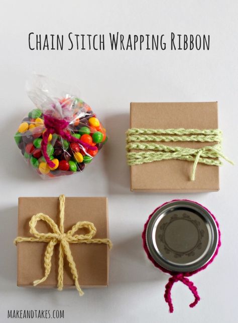 Chain Stitch Crochet Wrapping Ribbon @Make and Takes.com #crochetaday @Make and Takes Chain Stitch Crochet, Crochet Chain Stitch, Wrapping Ribbon, Embroidery Online, Yarn Gifts, Diy Christmas Gifts Cheap, Crochet Chain, Creative Gift Wrapping, Gift Ribbon