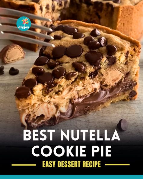 Craving some Nutella and cookies? Satisfy your cravings with this yummy Nutella cookie pie! Find the ingredients here. Chocolate Chip Nutella Pie, Cookie Nutella Pie, Nutella Cookie Pie Recipe, Nutella Cookie Cake, Nutella Cream Pie, Nutella Pie Recipes, Nutella Stuffed Cookie Pie, Nutella Dessert Recipe, Nutella Cookie Pie