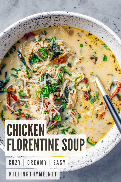 Thought you knew Chicken Florentine? Think again. We're giving this classic French entrée an irresistible makeover by transforming it into a comforting soup! Loaded with chicken, spinach, garlic, and a creamy sauce, this is a soup recipe that will rock your taste buds. Shake up your dinner menu with this sumptuous soup! #ChickenFlorentine #SoupMakeover #CreativeCooking No Carb Chicken Soup, Creamy Chicken And Spinach Soup, Spinach Chicken Soup Recipes, Soups With Chicken Thighs, Soups Recipes With Chicken, Soups With Spinach Recipes, French Garlic Soup, Whole Chicken Soup Recipes, Creamy Chicken Soup Recipes