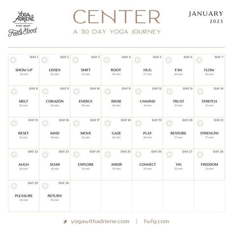 Find What Feels Good Official on Instagram: "New Year, New Yoga Calendar! Your FREE January yoga calendar is here and the theme is CENTER. Follow along as we release BRAND NEW videos daily throughout the month that will inspire you to deepen your yoga practice. Plus, we added the length times of each video to the calendar so that you can plan accordingly. 🎉⁠ ⁠ You will receive your downloadable calendar and more to support your journey when you sign up for the CENTER (30 Day Yoga Journey) at th Yoga Calendar, Downloadable Calendar, 30 Day Yoga, Yoga With Adriene, Yoga Journey, Health Fitness Inspiration, 17 Day, Yoga Center, Free Yoga