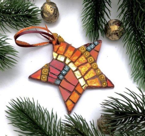 Mosaic Christmas Ornaments, Mosaic Stars, Mosaic Trees, Textured Mirror, Boho Ornaments, Mosaic Tree, Mosaic Christmas, Christmas Mosaics, Tree Mosaic