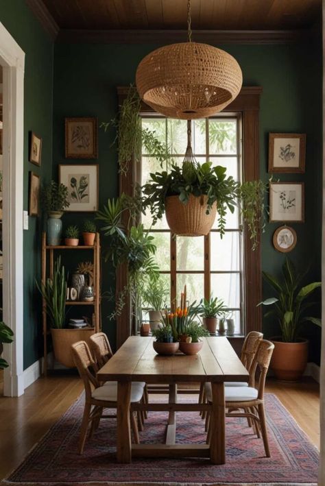 Boho Dining Bliss: A Symphony of Greenery and Eclectic Charm 19 Woodsy Dining Room, Vintage Contemporary Dining Room, Olive Dining Room, Earth Tone Dining Room, Dining Room Dark Wood, Dark Wood Dining Table Decor, Dining Room Table Inspiration, Dining Room Plants, Dark Green Dining Room