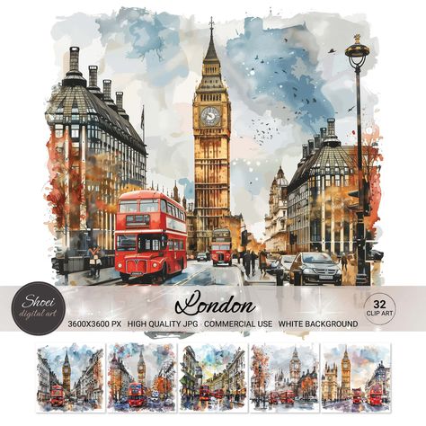 32 Big Ben London, Europe Watercolor CLIPART JPG For Art and craft Digital Paper, Scrapbook, Junk Journal, Card Making, Mixed Media, Collage listing "A77" Shop more Watercolor Clip Art JPG: https://www.etsy.com/shop/ShoeiDigitalArt?ref=seller-platform-mcnav&section_id=48476359 Immerse yourself in the timeless charm of London with our captivating collection of 32 Big Ben London, Europe Watercolor CLIPART JPG images, meticulously crafted to elevate your art and craft projects! Whether you're a sea Big Ben Watercolor, Europe Watercolor, London Dreams, Online Photo Editing, Big Ben London, Paper Scrapbook, Photo Editing Tools, London Skyline, Jpg Images