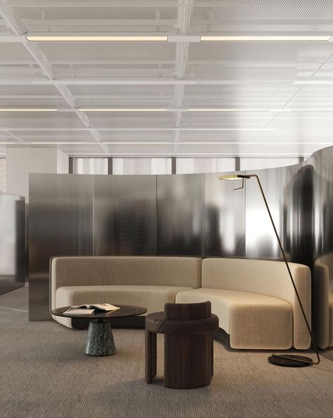 Discover a symphony of elegance and comfort in thoughtfully designed office space, where each detail creates a space ideal for shared moments and peaceful reflection.⁠ ⁠ Office Space by @vshddesign Clubhouse Lounge, Open Office Plan, Home Luxury Interior, Modern Office Design Inspiration, Metal Partition, Office Lounge Area, Law Office Design, Open Office Design, Open Concept Office