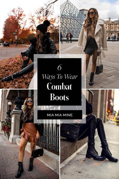 I have been crushing on combat boots. As the weather continues to get colder, combat boots offer a practical and more comfortable way to look chic. Here are six combat boot outfits that great even if you have classy style. Click through for edgy fall outfits for women, leggings and combat boot outfits, skirt and combat boots, and more. #falloutfits #combatboots #outfitsinpo Combat Boot With Heel Outfits, Combat Boot Skirt Outfits Fall, Fall Outfits Women Combat Boots, Combat Boot Outfits Winter Dressy, Combat Boot Dressy Outfit, Fendi Rockoko Combat Boots Outfit, Women's Combat Boots Outfit, Black Leggings And Combat Boots Outfit, Classy Combat Boot Outfits