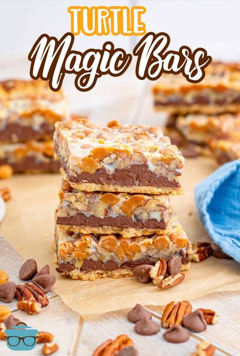 8x8 Bar Recipes, Turtle Bars Recipe, Magic Bars Recipe, Turtle Bars, Magic Cookie Bars, Magic Bars, Country Cook, Dessert Bar Recipe, Cookie Brownie Bars