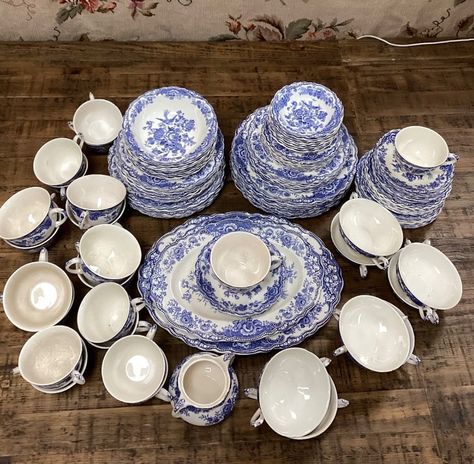 Crown Ducal “Bristol” blue scalloped edge china set 109 pcs, set for 8+some extras $3300 #crownducalbristol #crownducal #blueandwhitechina #traditionalhome #consignment Crown Ducal, China Set, Blue And White China, China Sets, Scalloped Edge, Traditional House, Bristol, Boston, Crown