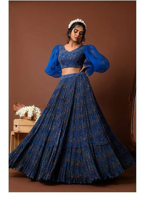 Blue Lengha, Sleeves Kurti, Indian Outfits Lehenga, Long Gown Design, Lehenga Designs Simple, Traditional Indian Dress, Blue Lehenga, Indian Dresses Traditional, Traditional Indian Outfits