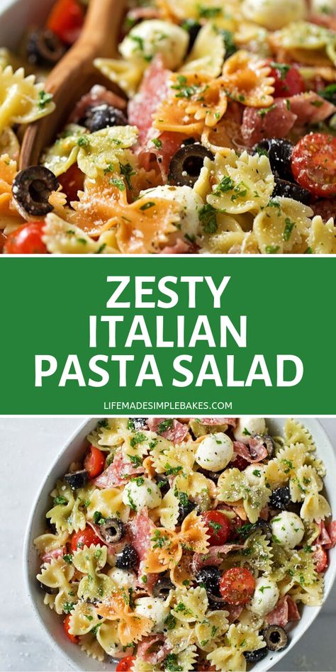 This fresh, flavorful zesty Italian pasta salad is loaded with all the favorites - mozzarella, olives, tomatoes, salami, and of course, pasta! #pastasalad #salad #italianpastasalad #sidedish #pasta Zesty Italian Pasta Salad, Salad Italian, Italian Pasta Salad, Cold Pasta Salad, Cold Pasta, Pasta Salad Recipe, Pasta Salad Italian, Italian Pasta, Pasta Salad Recipes