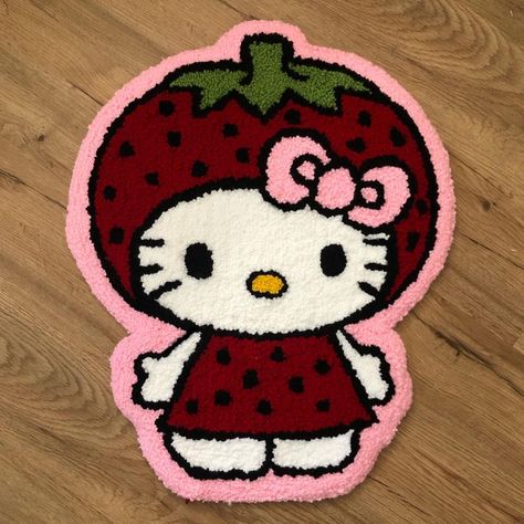 Hello Kitty Tufted Rug, Punch Needle Hello Kitty, Hello Kitty Carpet, Sanrio Rug, Rugs In Bedroom Aesthetic, Strawberry Rug, Rug Tufting Ideas, Hello Kitty Rug, Strawberry Hello Kitty