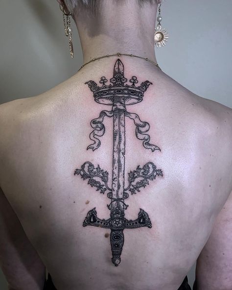 Ace of Swords, for Annelisa yesterday. Thank you so much for trusting me with this one, it was so nice hanging out with you! . . . . .… | Instagram Ace Of Swords Tattoo, Three Of Swords Tattoo, Swords Tattoo, Ace Of Swords, Fine Line Tattoos, Tattoo Inspo, So Nice, Make Your Mark, Swords