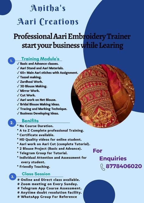 It's a professional aari course A to Z complete professional training about aari....you can start your own business or can make your own blouse Aari work while learning.... Aari Work Templates, Aari Class Poster, Aari Work Class Poster, Aari Class Syllabus, Aari Work Stitches Names, Aari Stitches Types, Aari Materials, Aari Work Designs Pattern, Aari Work Designs Pattern Hand Embroidery