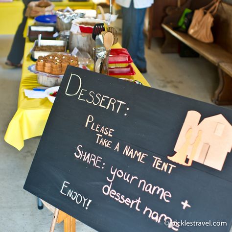 Dessert Potluck Farm Wedding: in lieu of gifts ask for people to step up their game and bring their favorite desserts to share instead of cake | Pickles Travel Blog Wedding Dessert Potluck, Dessert Potluck, Desserts To Share, Potluck Wedding, In Lieu Of Gifts, Name Tent, One Month Anniversary, Pot Luck, Pinterest Blog