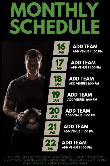 Customize this design with your photos and text. Thousands of stock photos and easy to use tools. Free downloads available. Soccer Stats Design, Match Schedule Design, Events Calendar Design, Athletic Posters, Schedule Timetable, Poster Bola, Monthly Schedule Template, Sports Schedule, Baseball Graphics