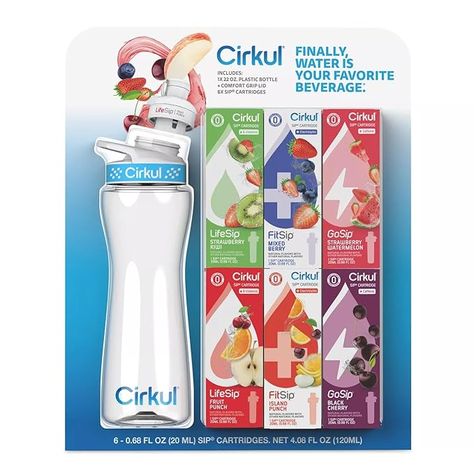 Cirkul 22-oz. Plastic Water Bottle Starter Kit With Blue Lid + 6 Flavor Cartridges Cirkul Water Bottles Hacks, Cirkul Bottle, Cirkul Water Bottles, Circle Water Bottle, Flavored Water Bottle, Goth Apartment, Kiwi Berries, Drinking More Water, Apple Watch Bands Fashion