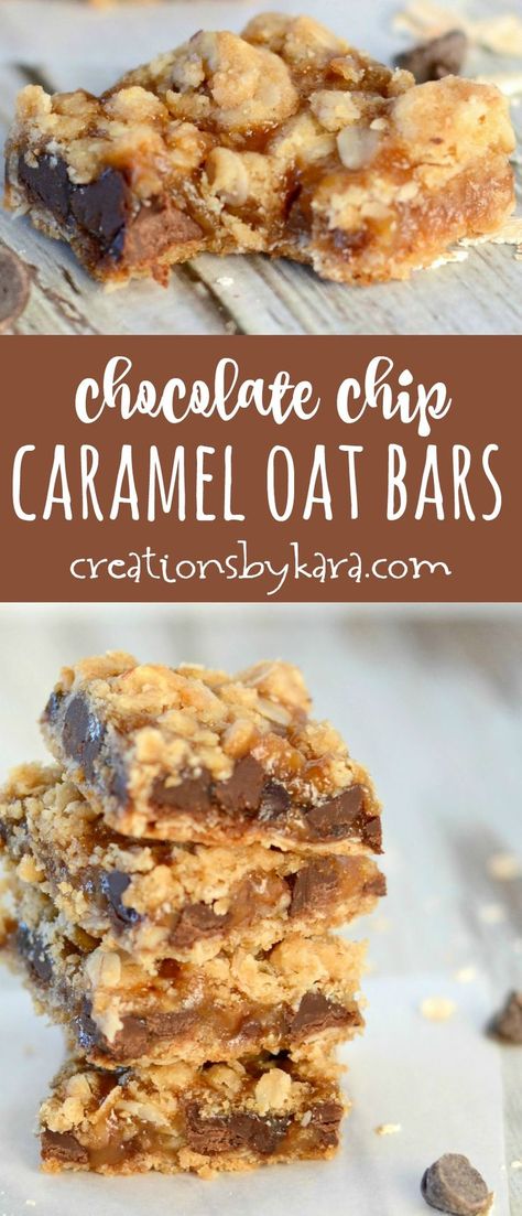 Chocolate Chip Caramel Oatmeal Bars . . .  an ooey gooey filling of caramel, chocolate, and nuts sandwiched between two layers of buttery oat crumbs. #oatmealbars #caramel Oatmeal Caramel Chocolate Bars, Salted Caramel Oatmeal Chocolate Chip Cookies, Salted Caramel Chocolate Chip Oat Cookie Bars, Salted Caramel Oatmeal Bars, Chocolate Caramel Oat Bars, Salted Caramel Oat Cookie Bars, Carmel Oatmeal Bars Chocolate Chips, Oatmeal Caramel Chocolate Chip Bars, Caramel Chips Recipes Baking