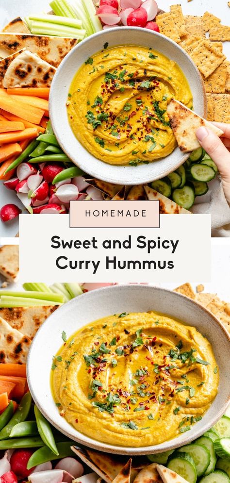 Sweet and spicy curry hummus filled with wonderful, warm spices for a flavorful dip or spread you'll absolutely love! This delicious curry hummus recipe is easy to make and might just be your new go-to hummus flavor. #hummus #vegan #vegansnack #healthysnack #curry Flavored Hummus Recipe Homemade, Spicy Hummus Recipe Homemade, The Best Hummus Recipe, Hummus Meals Dinners, Flavored Hummus Recipe, Curry Appetizer, Curry Hummus Recipe, Hummus Ideas, Flavored Hummus