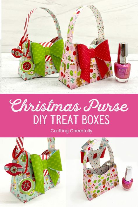 Create a sweet Christmas purse treat box for the holidays! It's perfect for holding small gifts like nail polish or gift cards! Gift Bag Crafts Projects, Diy Christmas Treat Boxes, Diy Christmas Treat Bags, Christmas Purses To Make, Treat Boxes Ideas Packaging, Christmas Treat Boxes Cricut, Paper Purse Gift Card Holder, Paper Purse Treat Bag, Small Gift Bags Diy