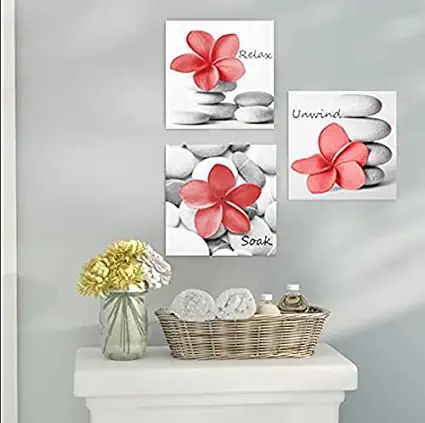 Amazon.com: Genius Décor -Modern Coral Gray Bathroom Wall Art Decor Zen Flowers Pictures Canvas Print Relax Soak Unwind Set of 3 (Coral), 12 x 12 Inch: Posters & Prints Coral And Gray Bathroom, Coral Bathroom Ideas, Coral Bathroom Decor, Yellow Bathroom Walls, Yellow Grey Bathroom, Coral Bathroom, Gray Bathroom Walls, Relax Soak Unwind, Gray Shower Curtains